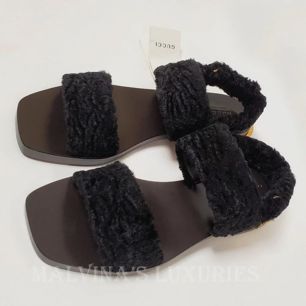 GUCCI SHOES RE-EDITION FAUX FUR BLACK VELVET SANDALS sz US 11